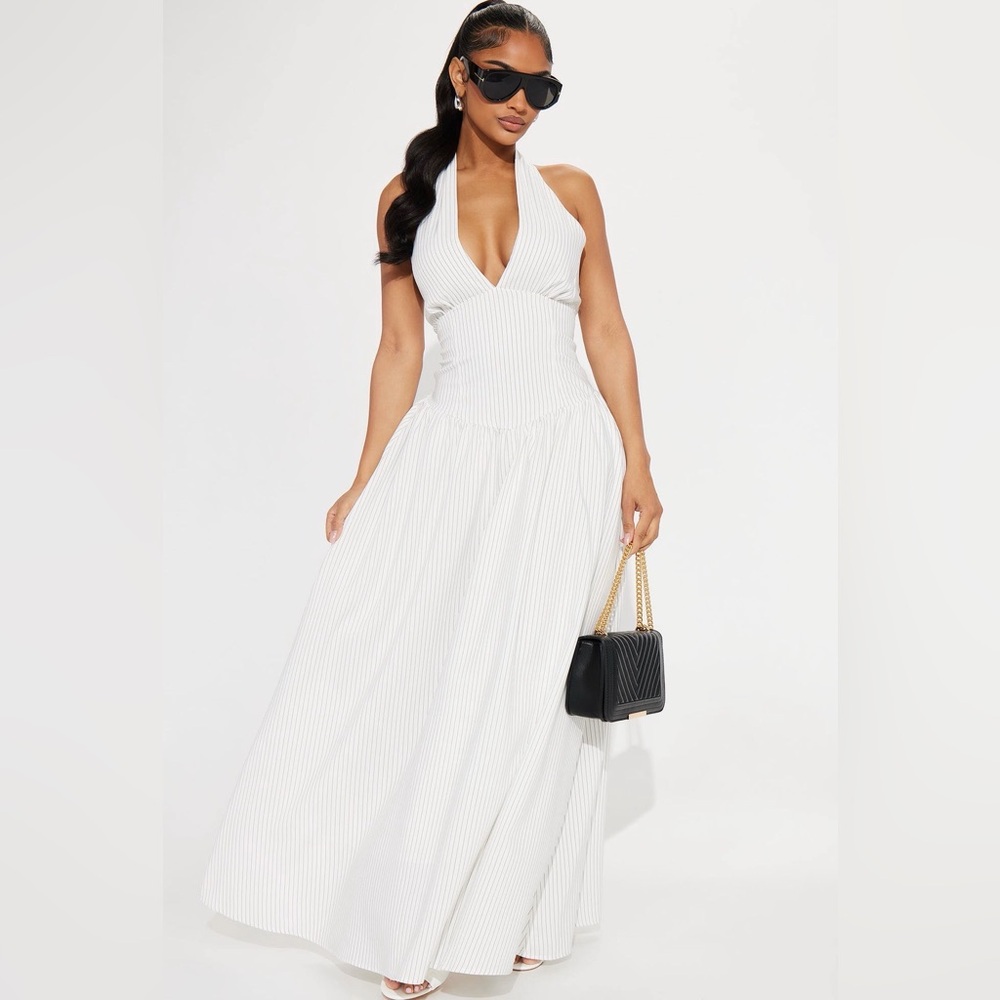 NWT Fashion Nova Jayla Pinstripe Halter Maxi Dress - White/combo